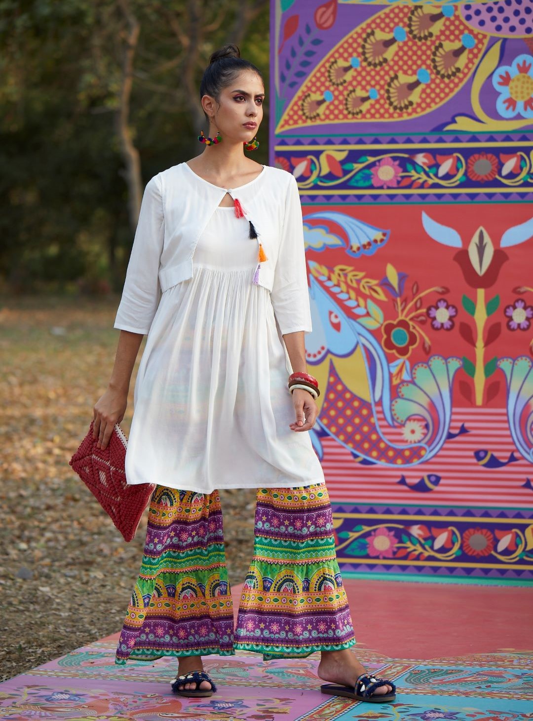 White Kurta With Printed Sharara - Elganza