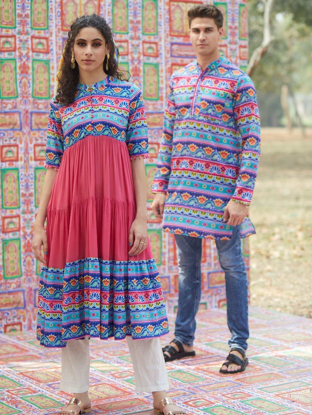 Couple Combo- Blue Truck Art Kurta combo