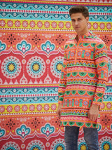 Orange Green Floral Print Kurta - Elganza