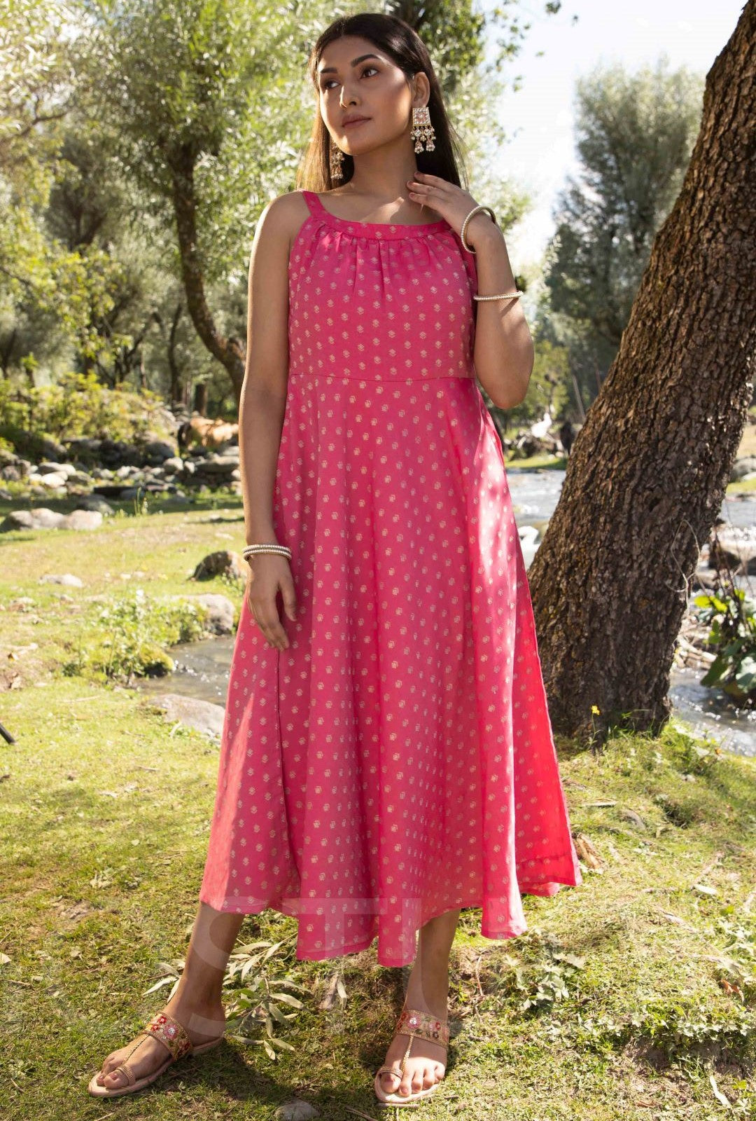 Pink Woven Designed Halter Neck Dress - Elganza