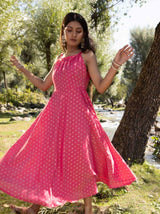 Pink Woven Designed Halter Neck Dress - Elganza