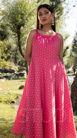 Pink Woven Designed Halter Neck Dress - Elganza