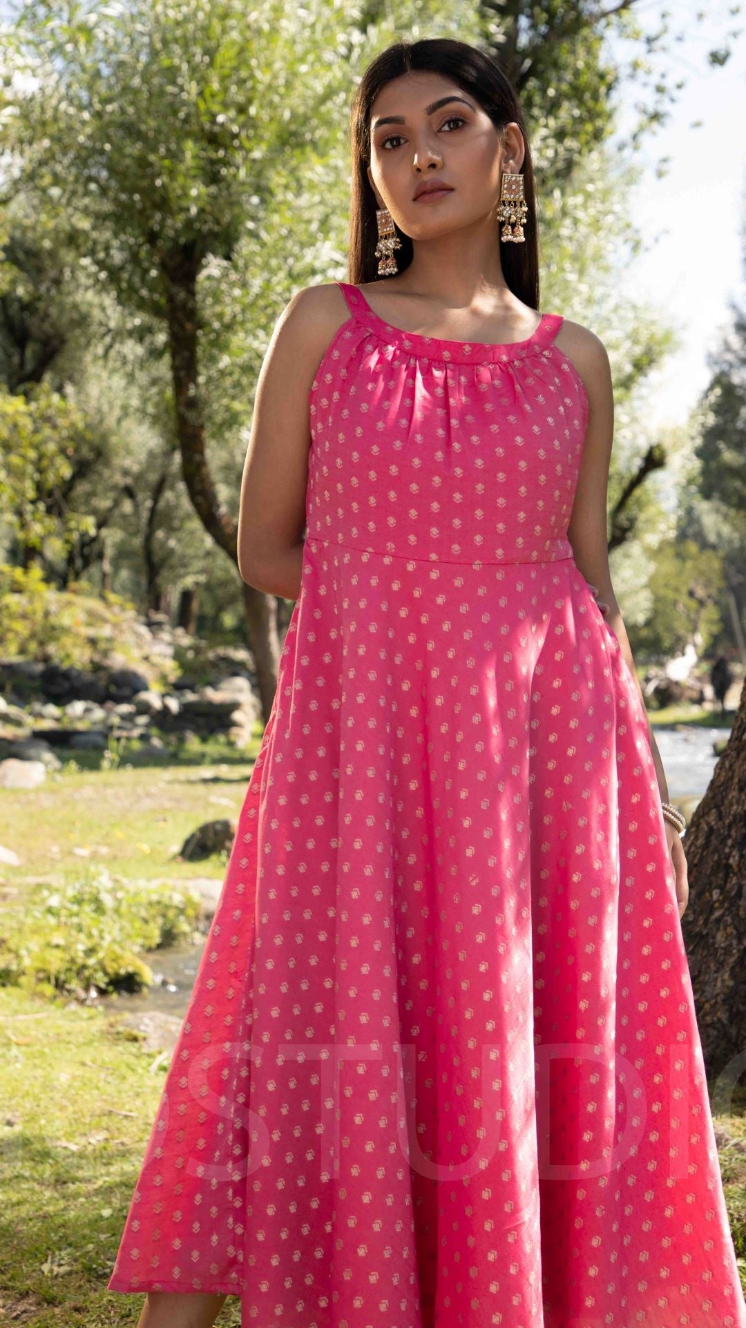 Pink Woven Designed Halter Neck Dress - Elganza