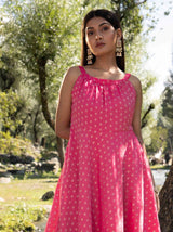 Pink Woven Designed Halter Neck Dress - Elganza