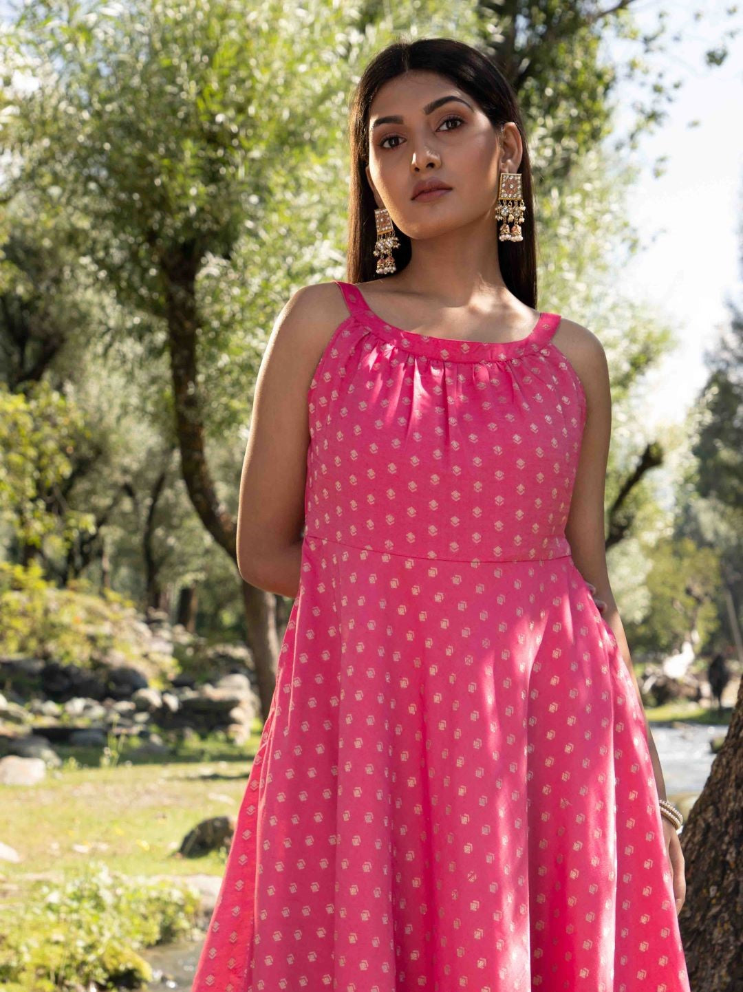 Pink Woven Designed Halter Neck Dress - Elganza