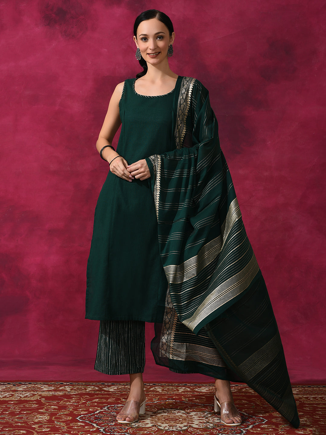 Green Kurta Palazzo With Dupatta - Elganza