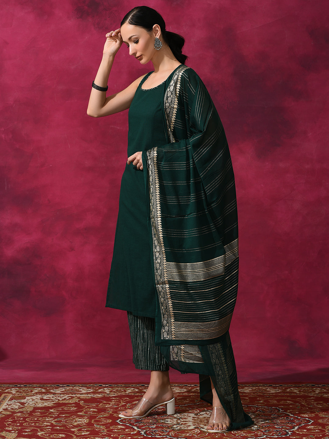 Green Kurta Palazzo With Dupatta - Elganza
