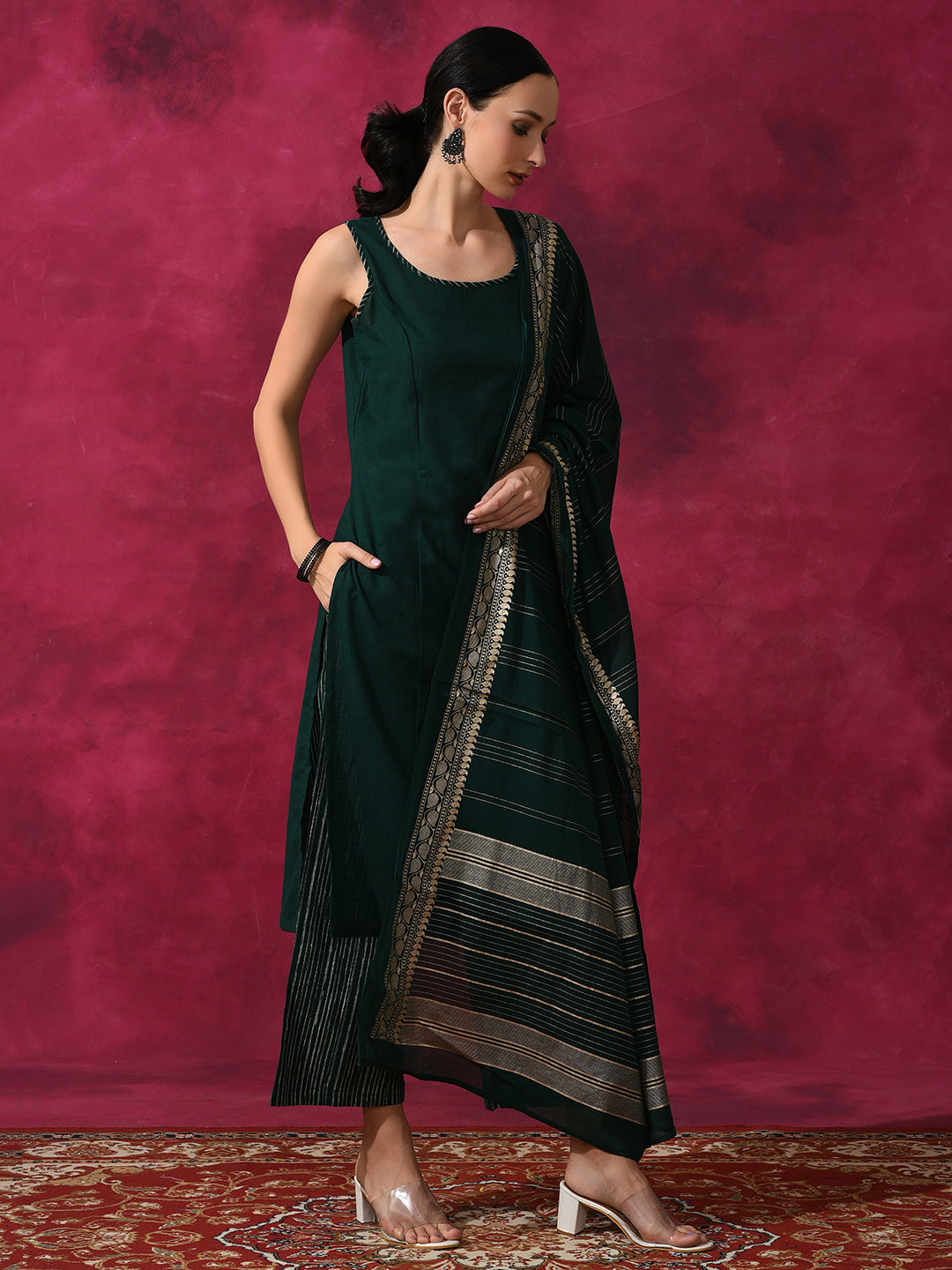 Green Kurta Palazzo With Dupatta - Elganza