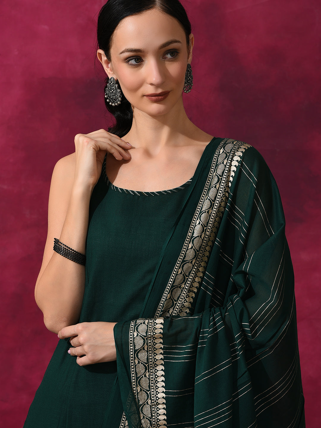 Green Kurta Palazzo With Dupatta - Elganza