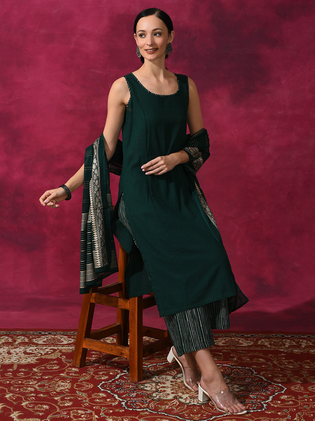 Green Kurta Palazzo With Dupatta - Elganza