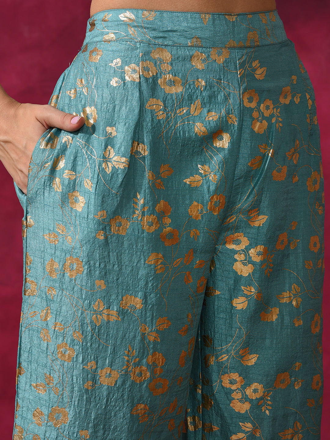Pastel Blue Foil Print Kurta With Palazzo - Elganza