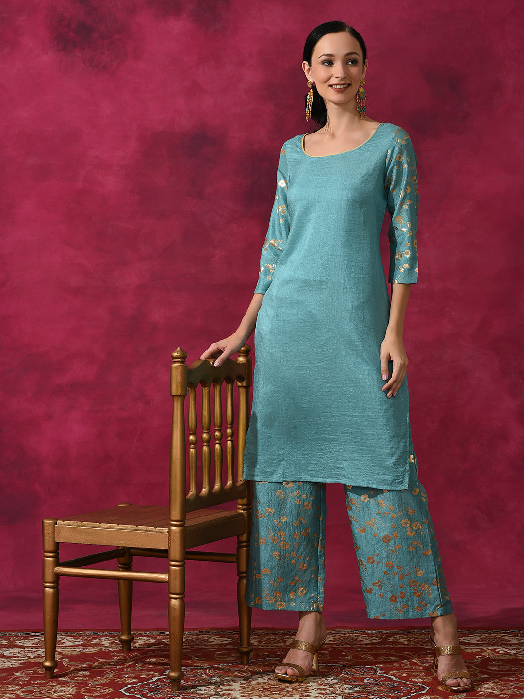 Pastel Blue Foil Print Kurta With Palazzo - Elganza