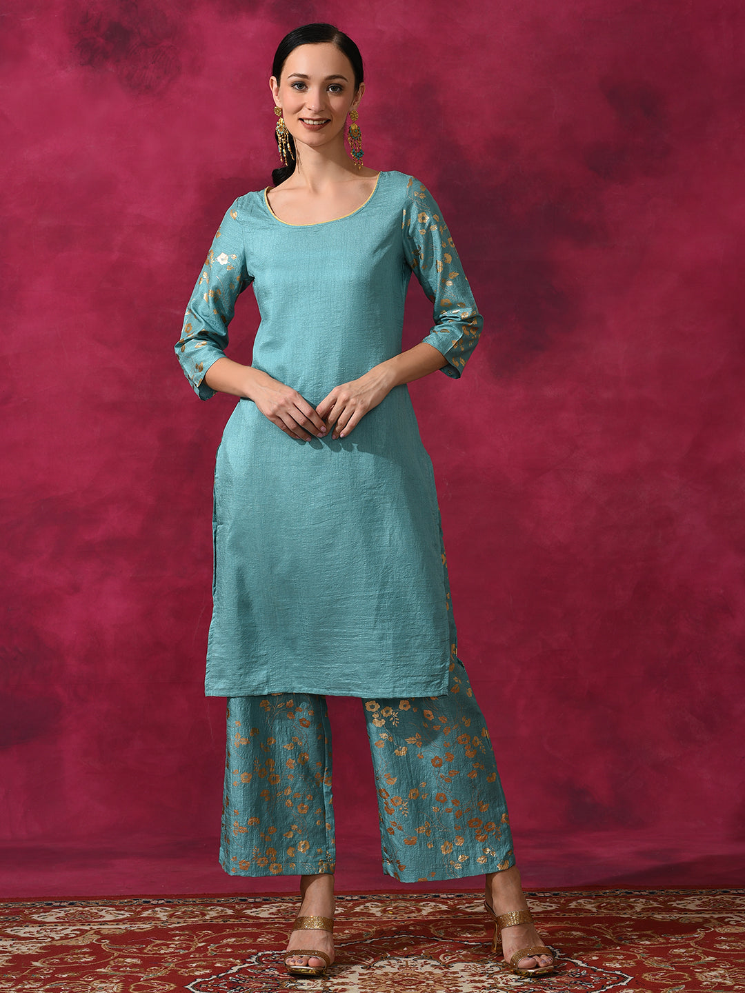 Pastel Blue Foil Print Kurta With Palazzo - Elganza