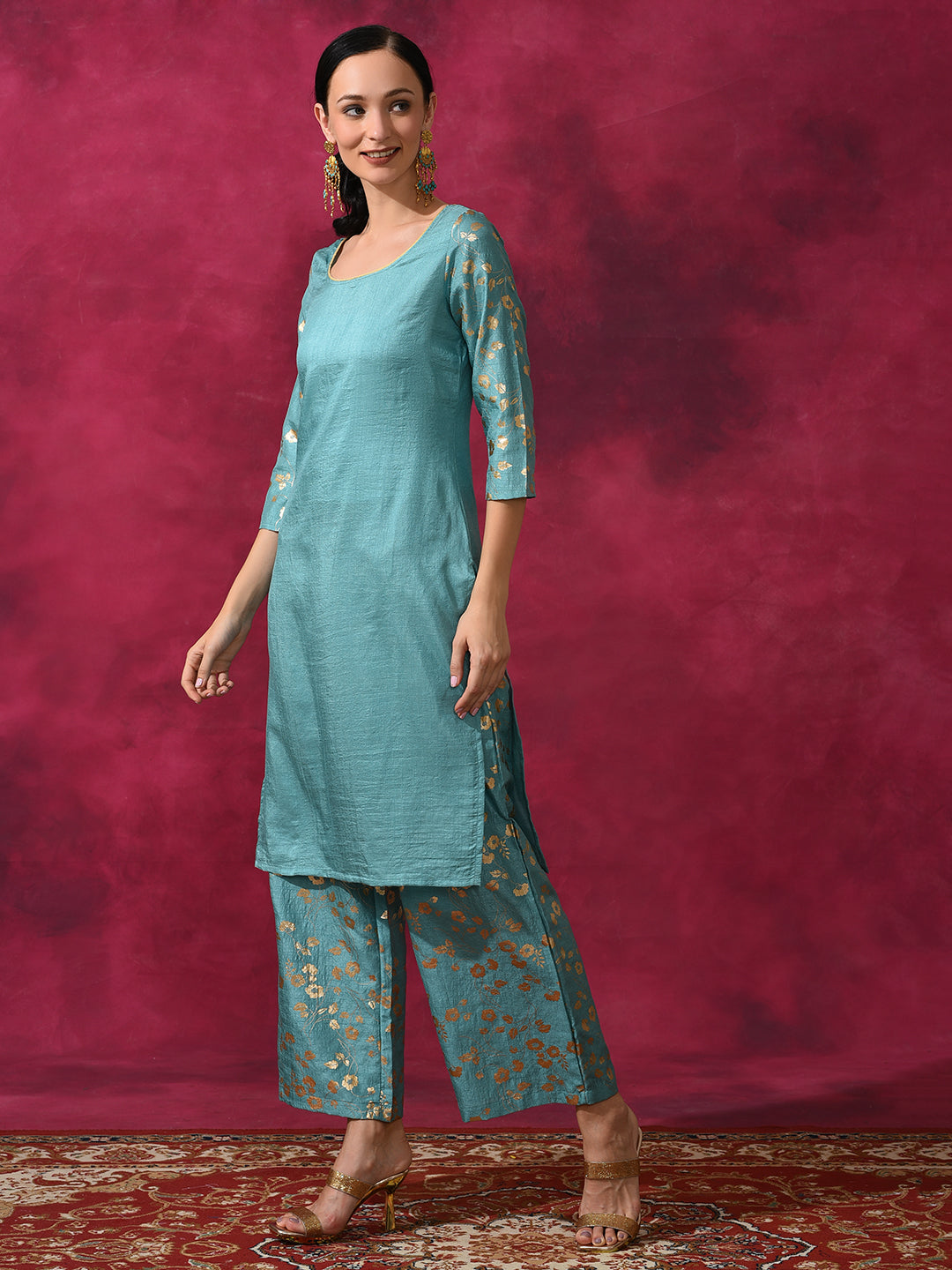 Pastel Blue Foil Print Kurta With Palazzo - Elganza