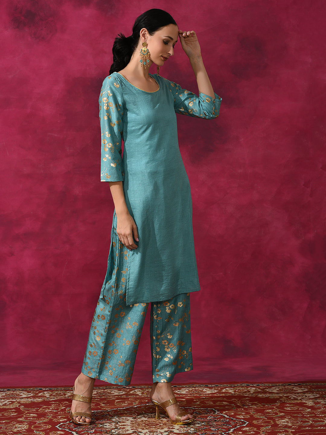 Pastel Blue Foil Print Kurta With Palazzo - Elganza