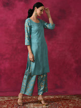 Pastel Blue Foil Print Kurta With Palazzo - Elganza