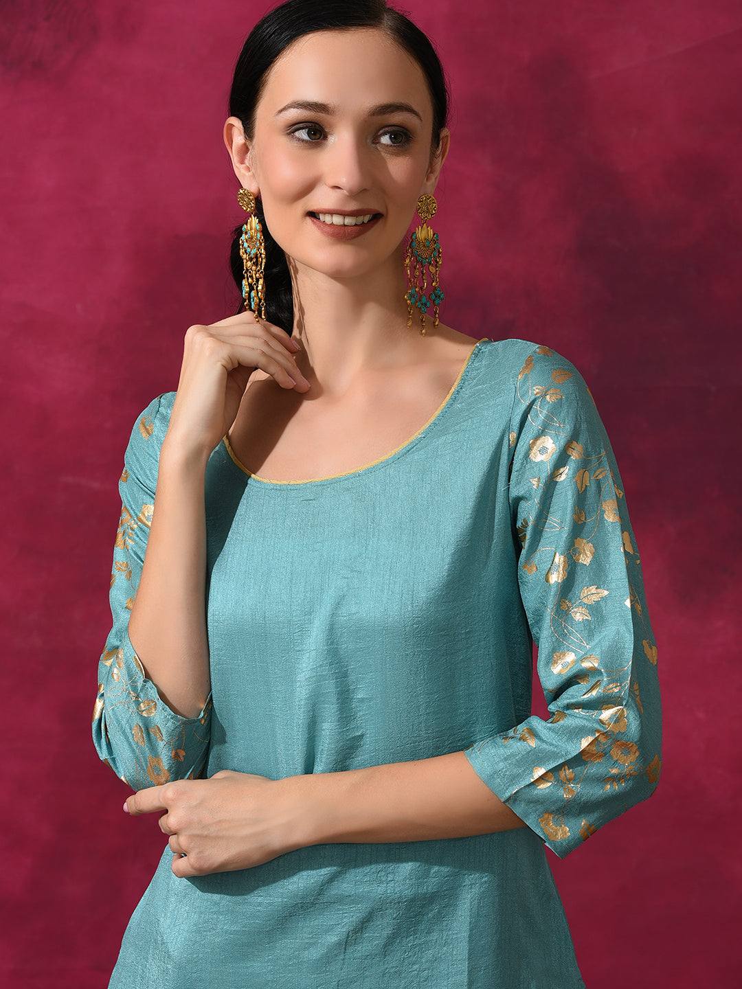 Pastel Blue Foil Print Kurta With Palazzo - Elganza