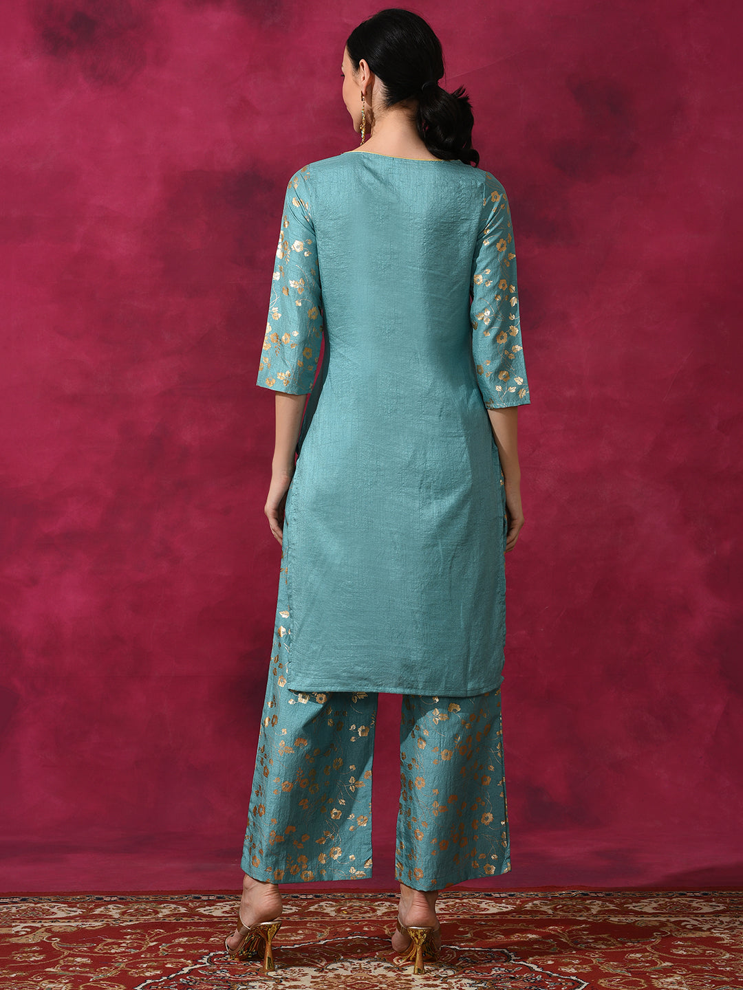 Pastel Blue Foil Print Kurta With Palazzo - Elganza