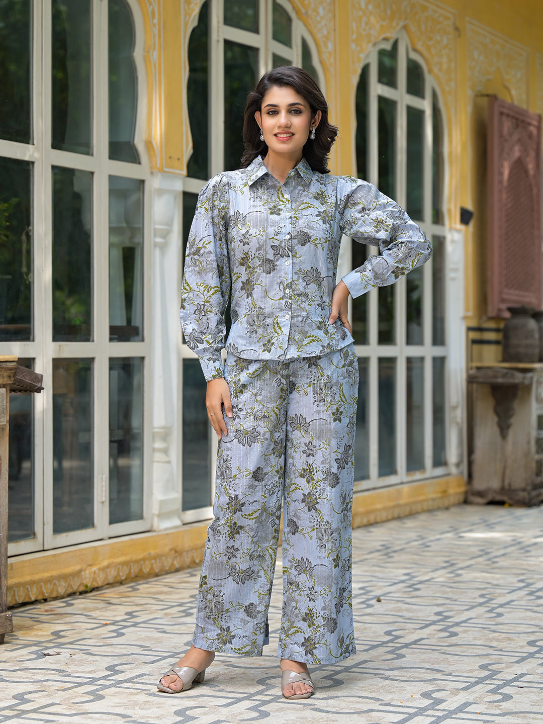 Grey Floral Print Lurex Fusion Co-Ord Set - Elganza