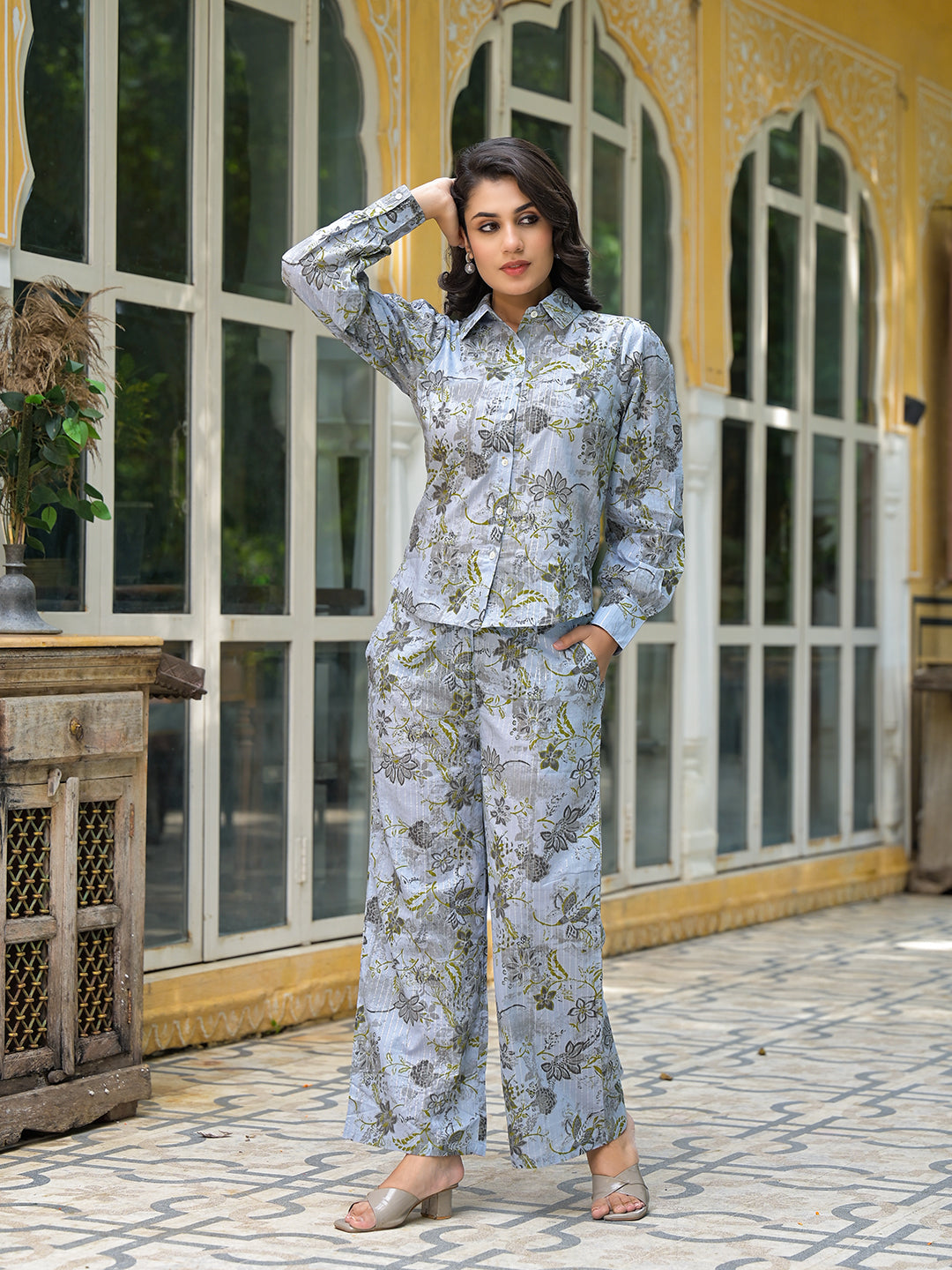 Grey Floral Print Lurex Fusion Co-Ord Set - Elganza
