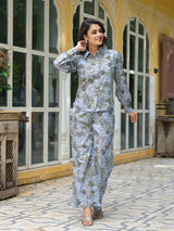 Grey Floral Print Lurex Fusion Co-Ord Set - Elganza