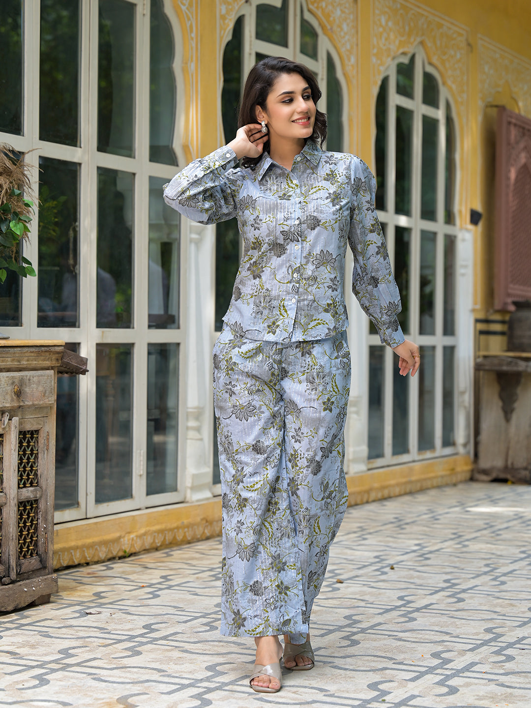 Grey Floral Print Lurex Fusion Co-Ord Set - Elganza