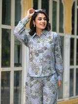 Grey Floral Print Lurex Fusion Co-Ord Set - Elganza