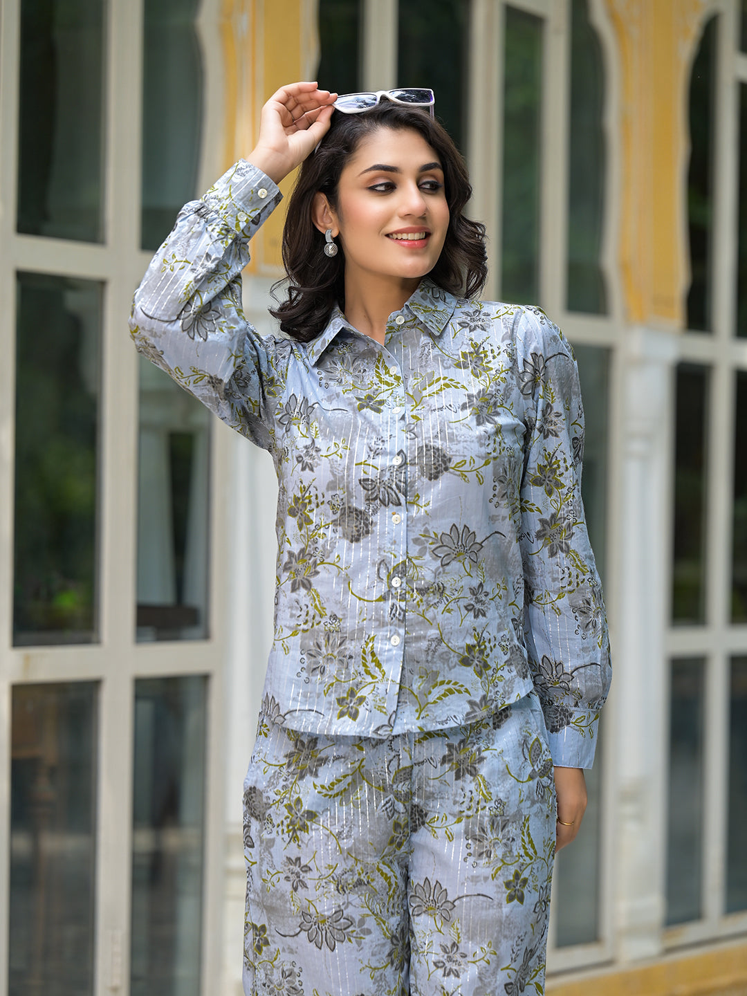 Grey Floral Print Lurex Fusion Co-Ord Set - Elganza