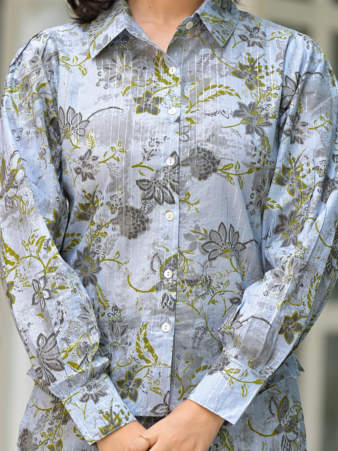 Grey Floral Print Lurex Fusion Co-Ord Set - Elganza
