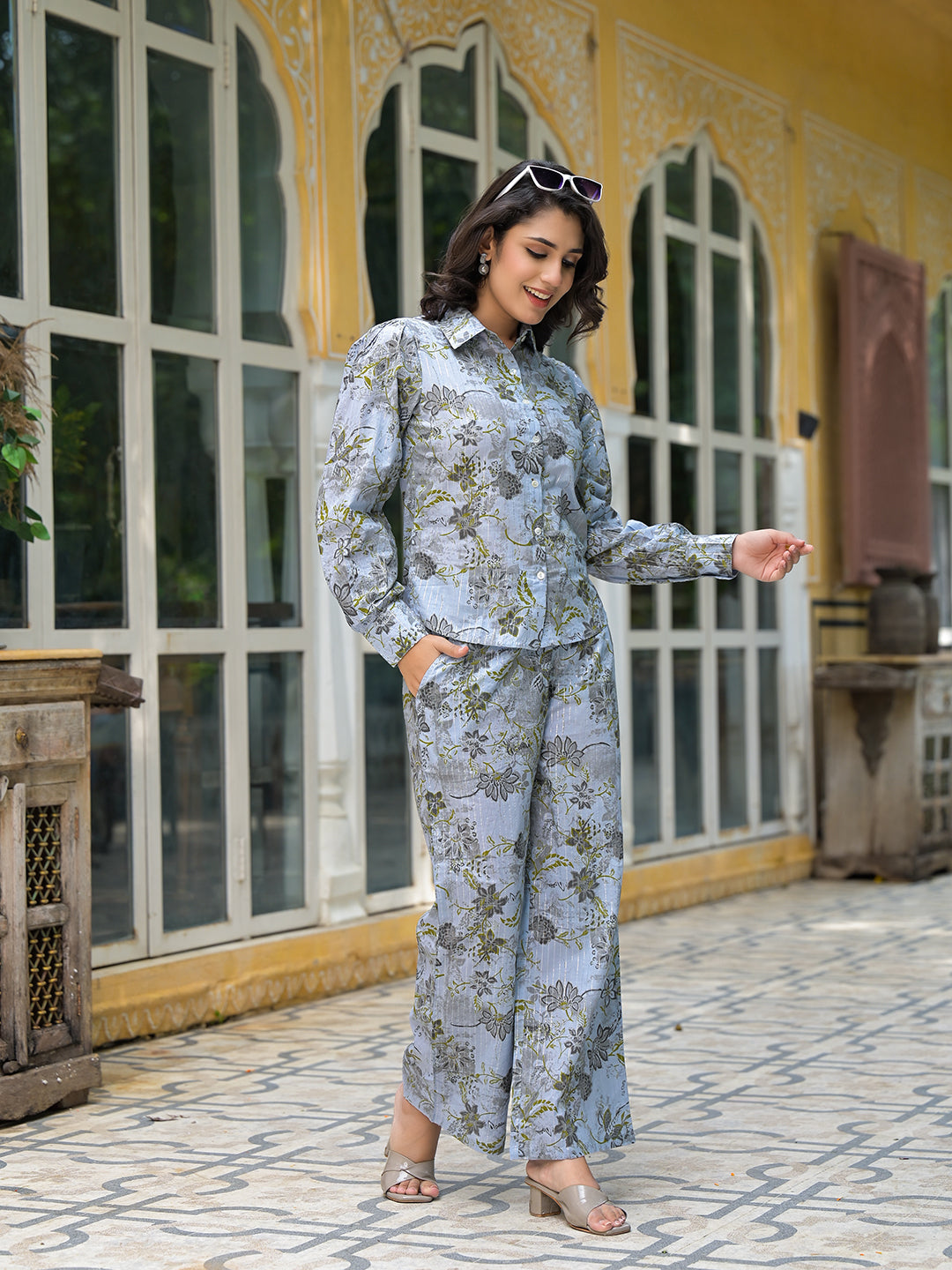 Grey Floral Print Lurex Fusion Co-Ord Set - Elganza