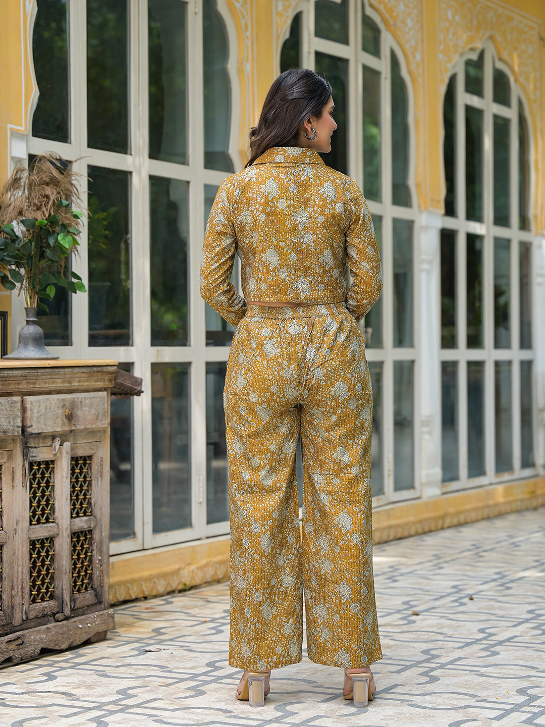 Mustard Crop Top With Palazzo In Kantha Work - Elganza