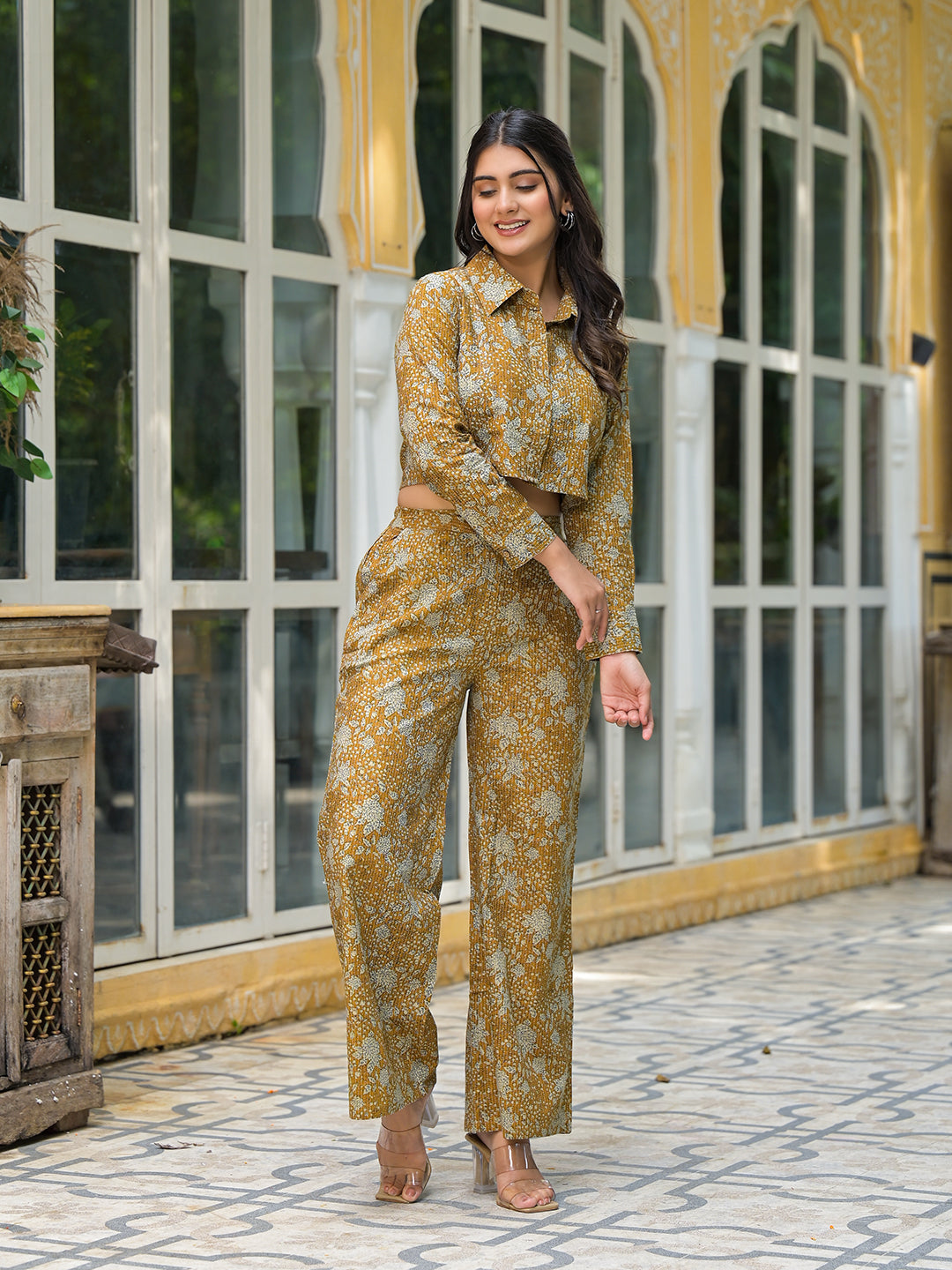 Mustard Crop Top With Palazzo In Kantha Work - Elganza
