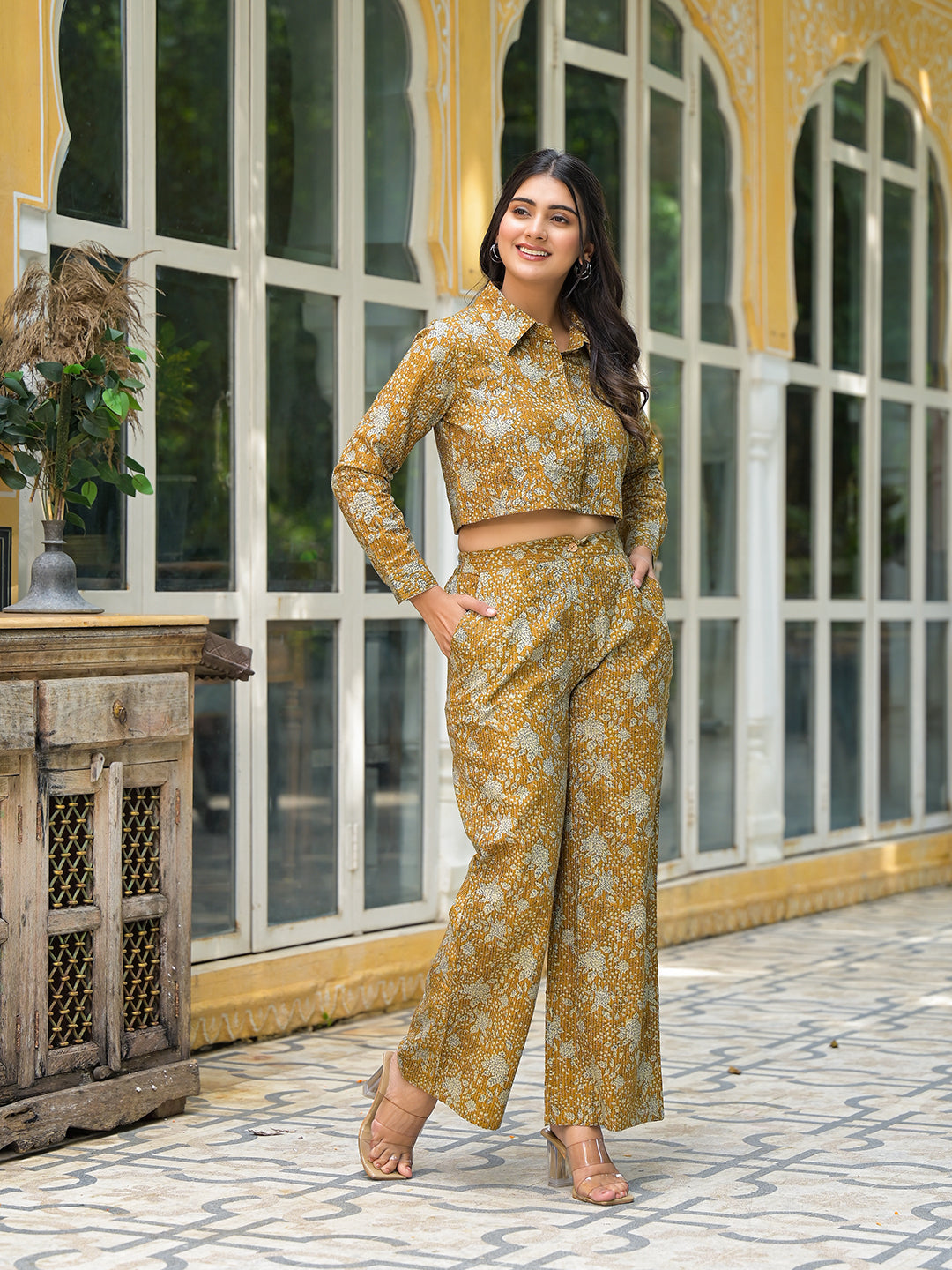 Mustard Crop Top With Palazzo In Kantha Work - Elganza