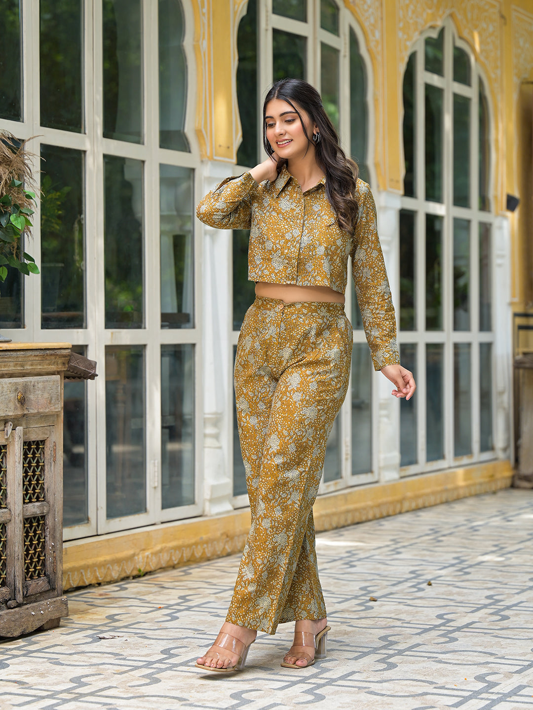 Mustard Crop Top With Palazzo In Kantha Work - Elganza