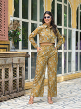 Mustard Crop Top With Palazzo In Kantha Work - Elganza
