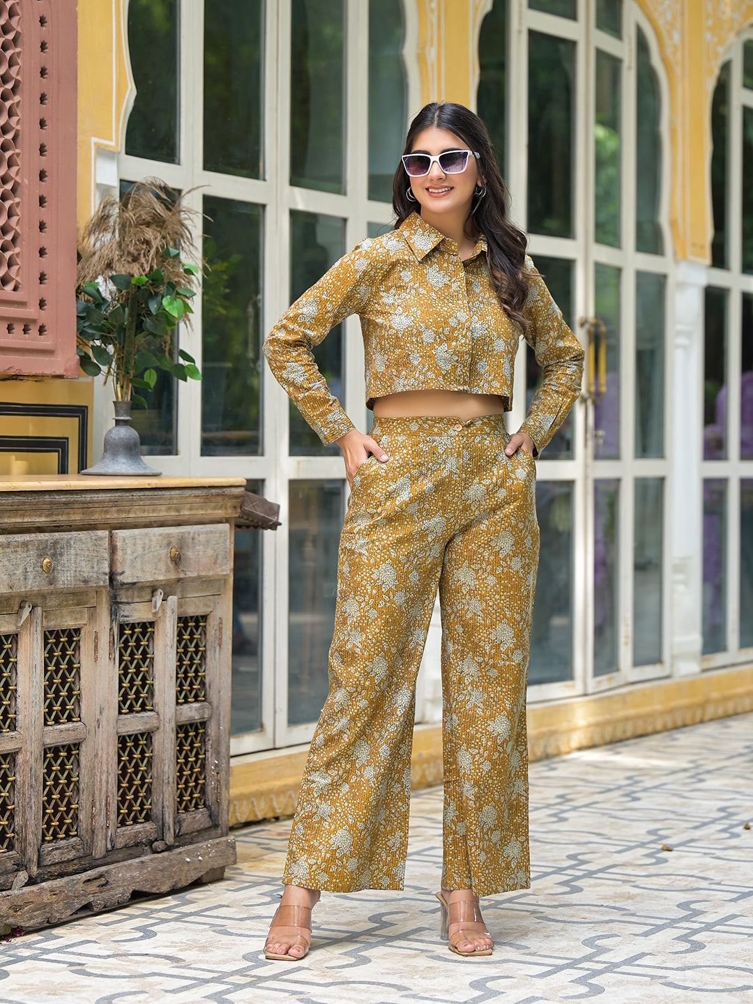 Mustard Crop Top With Palazzo In Kantha Work - Elganza