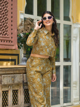 Mustard Crop Top With Palazzo In Kantha Work - Elganza