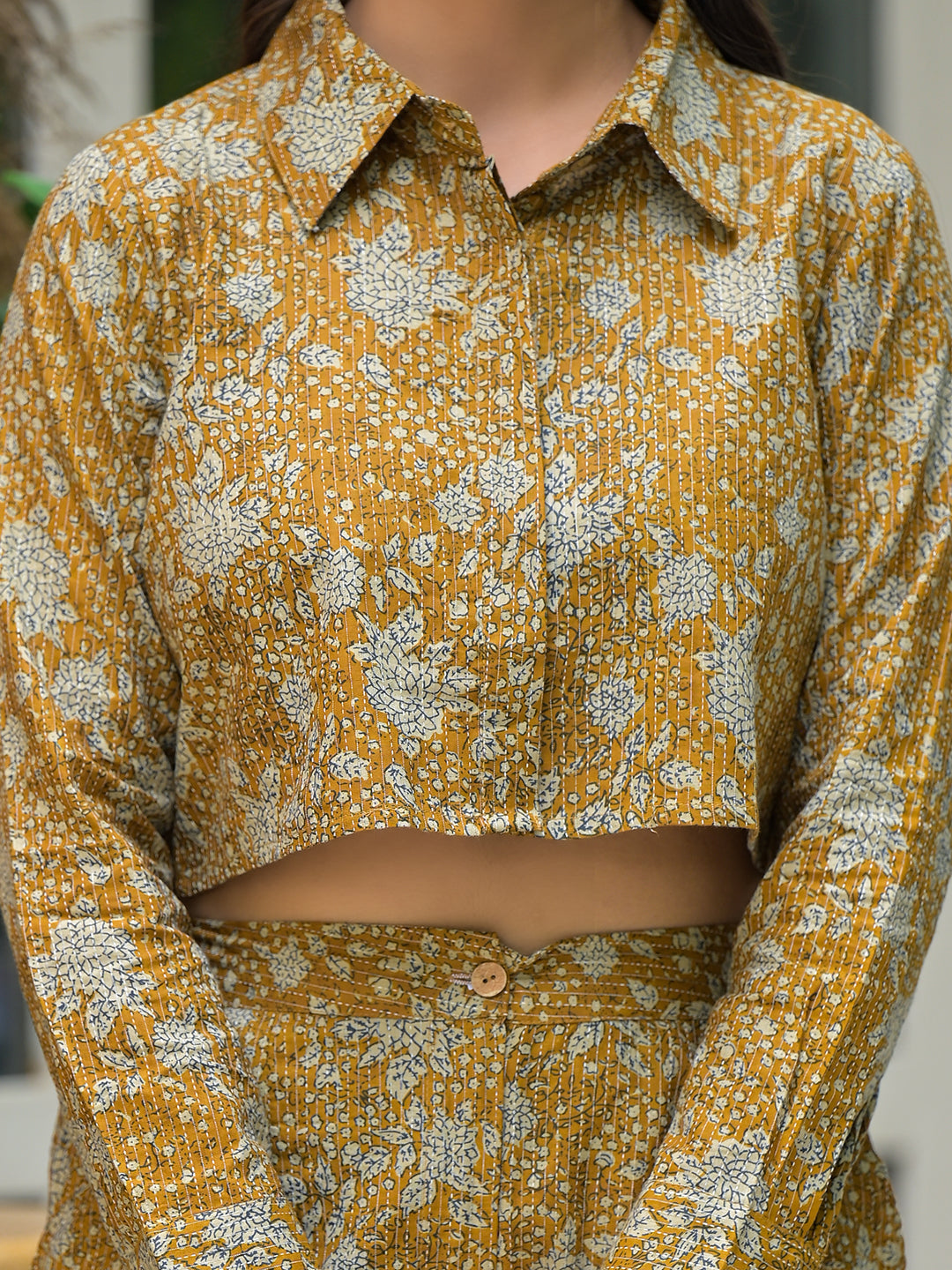 Mustard Crop Top With Palazzo In Kantha Work - Elganza