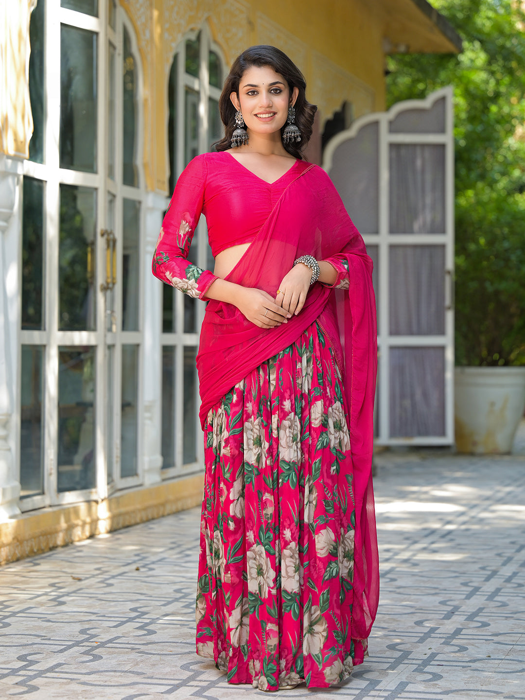 Magenta Floral Print Chinnon Lehenga Choli - Elganza