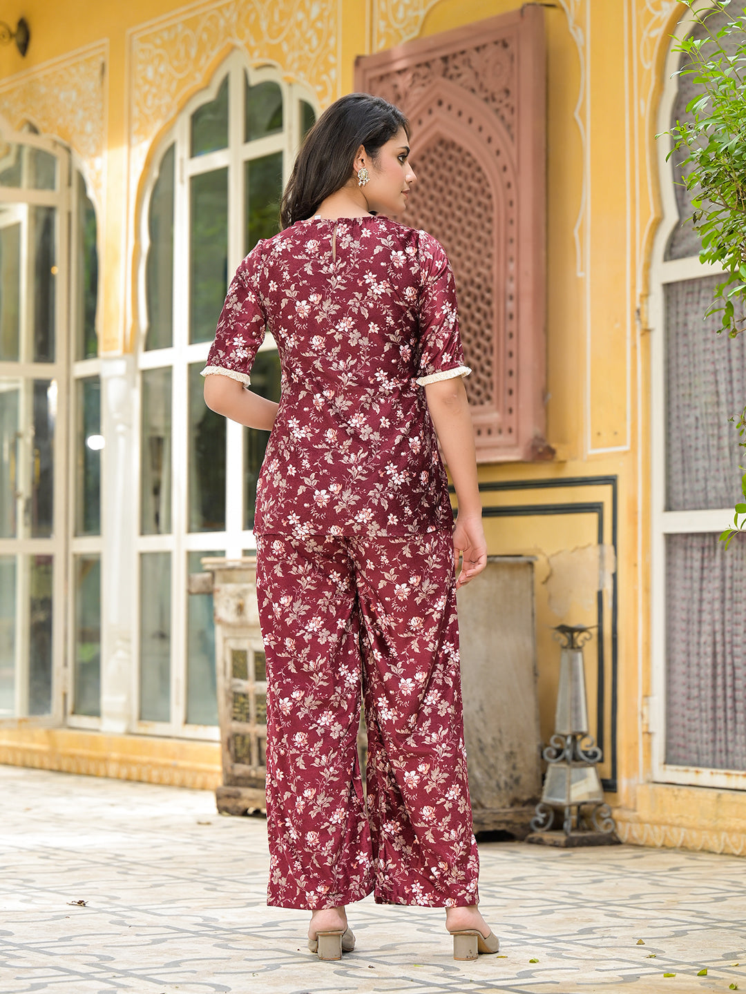 Maroon Floral Print Velvet Kurta Set With Digital Print Dupatta - Elganza