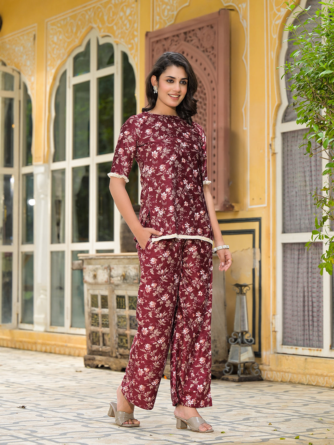 Maroon Floral Print Velvet Kurta Set With Digital Print Dupatta - Elganza