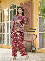 Maroon Floral Print Velvet Kurta Set With Digital Print Dupatta - Elganza