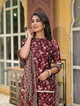 Maroon Floral Print Velvet Kurta Set With Digital Print Dupatta - Elganza