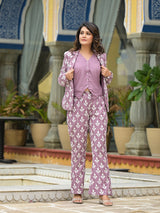 Mauve Embroidered Blazer Pant With Waist Coat - Elganza