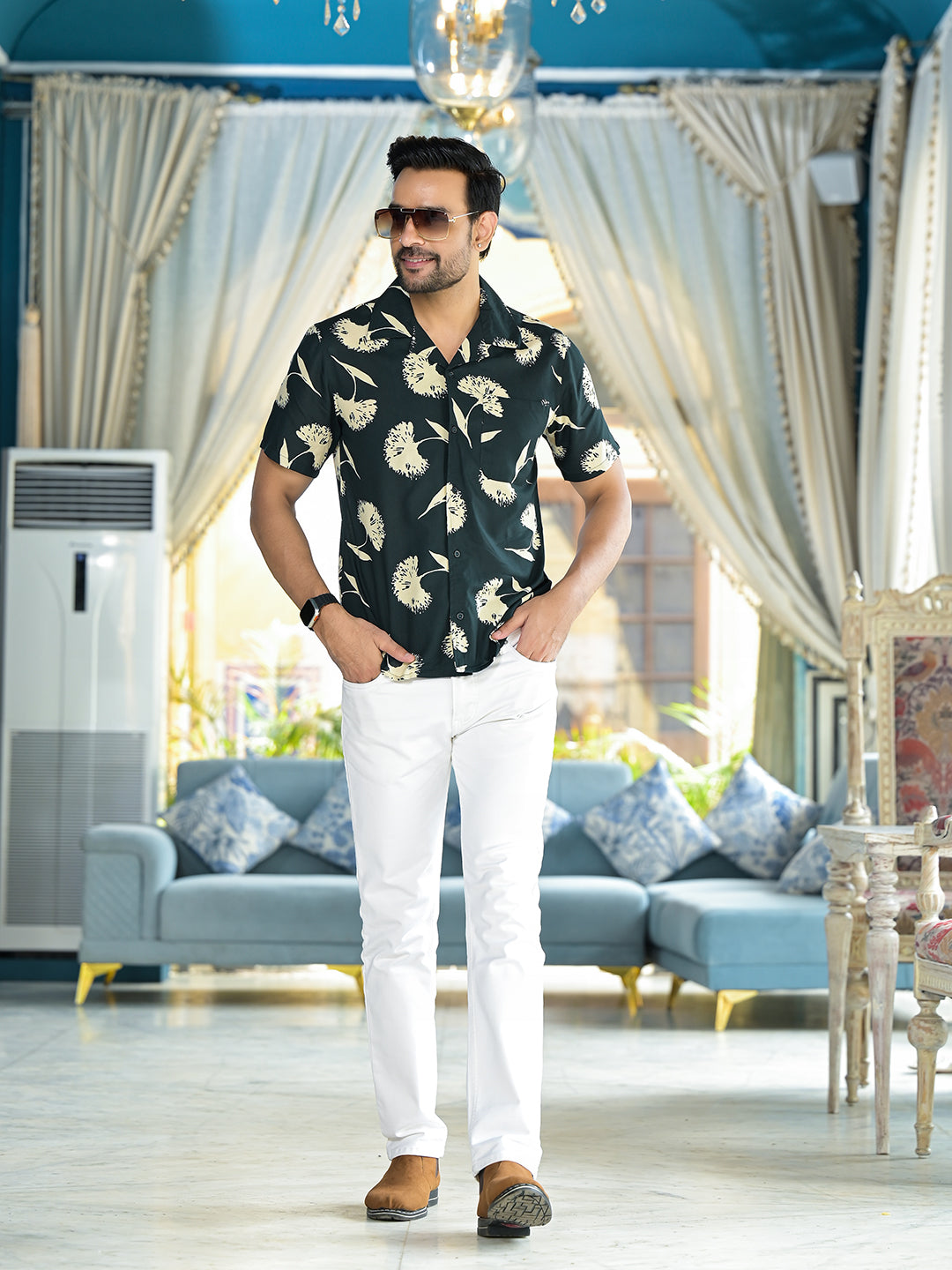 Olive Floral Printed Shirt - Elganza