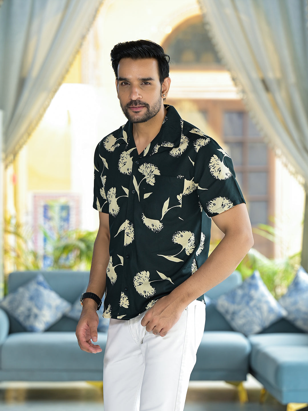 Olive Floral Printed Shirt - Elganza