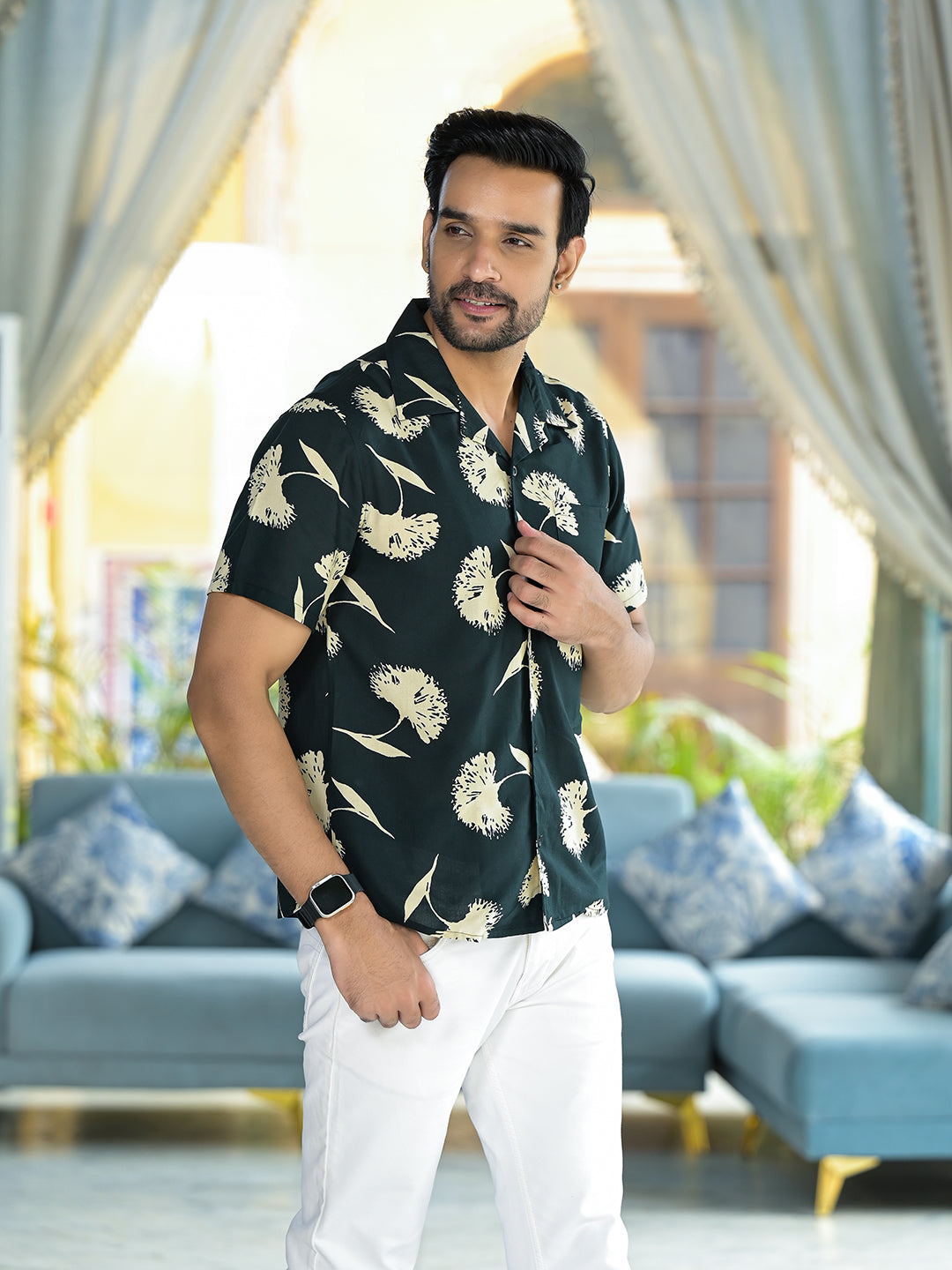 Olive Floral Printed Shirt - Elganza