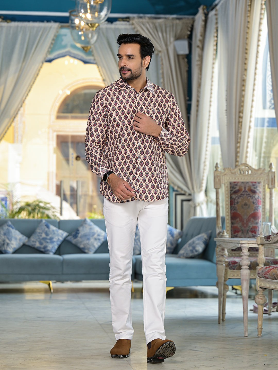 Beige Mughal print Shirt - Elganza