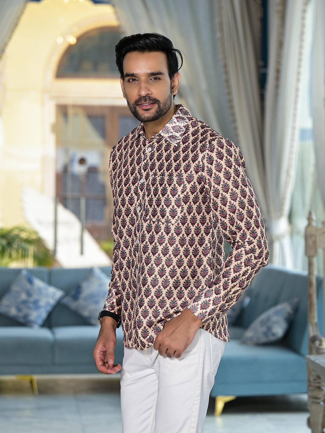 Beige Mughal print Shirt - Elganza