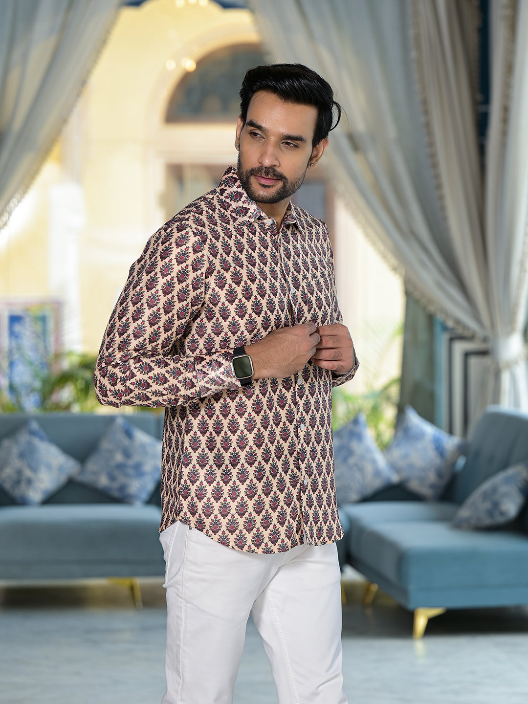 Beige Mughal print Shirt - Elganza